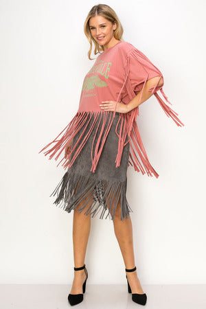 Vocal Apparel Fringe Arm & Hem Crew Neck Short Sleeve Cropped Knit "Nashville" Top