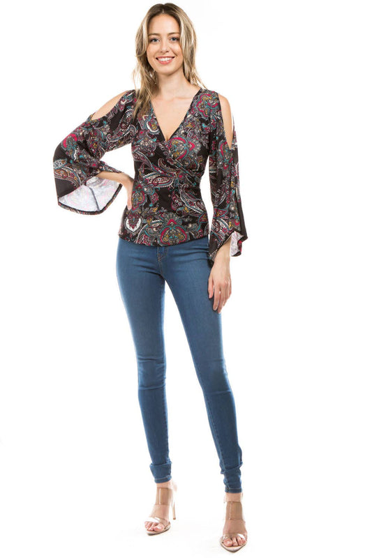 BLACK PAISLEY COLD SHOULDER with GORGEOUS BELL SLEEVE WOMEN'S TOP