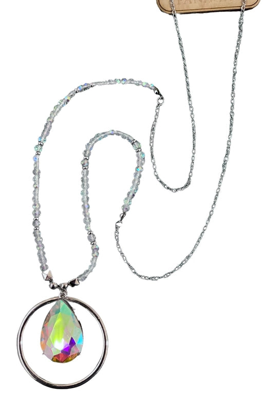 Jewelry Necklace - Pink Panache Silver and Beaded Crystal Necklace With AB Austrian Crystal Teardrop Pendant Inside Silver Circle