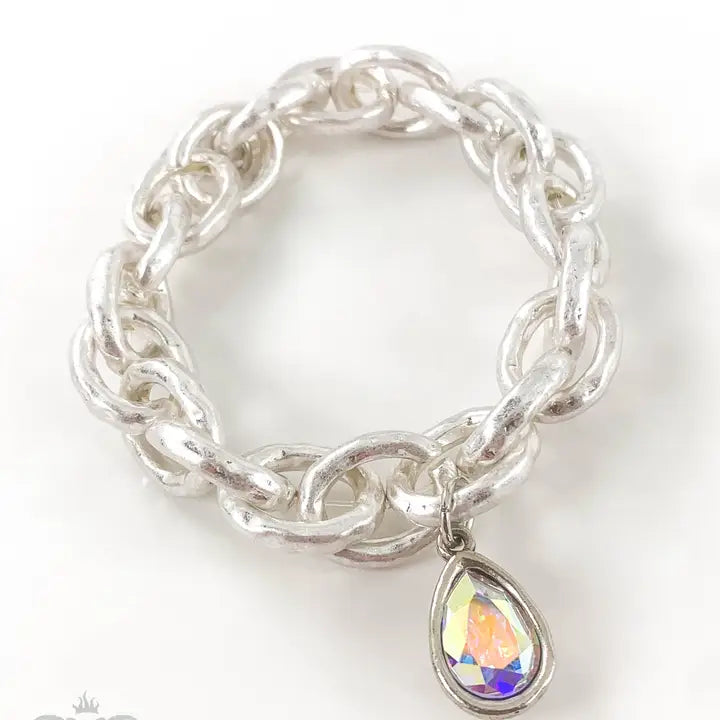 Jewelry Bracelet - Chain Link Silver Tone Stretch Bracelet with Ab Austrian Crystal Teardrop Shaped Charm