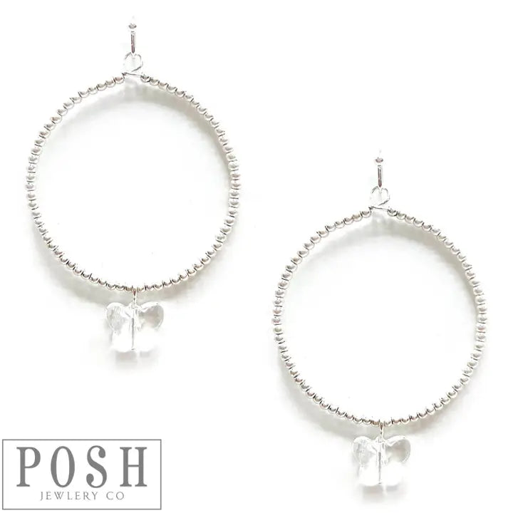 Jewelry Earrings - Beaded Circle Shaped Silver Tone Earrings With A Clear Crystal Butterfly Drop Charm