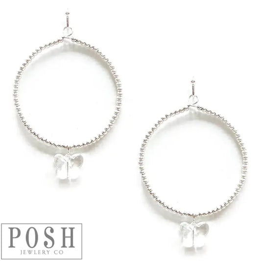 Jewelry Earrings - Beaded Circle Shaped Silver Tone Earrings With A Clear Crystal Butterfly Drop Charm