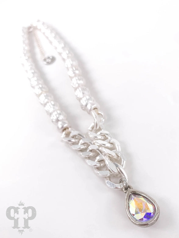 jewelry Necklace - Pink Panache Fluted Bead and Chain Necklace With Ab Austrian Crystal Teardrop Charm