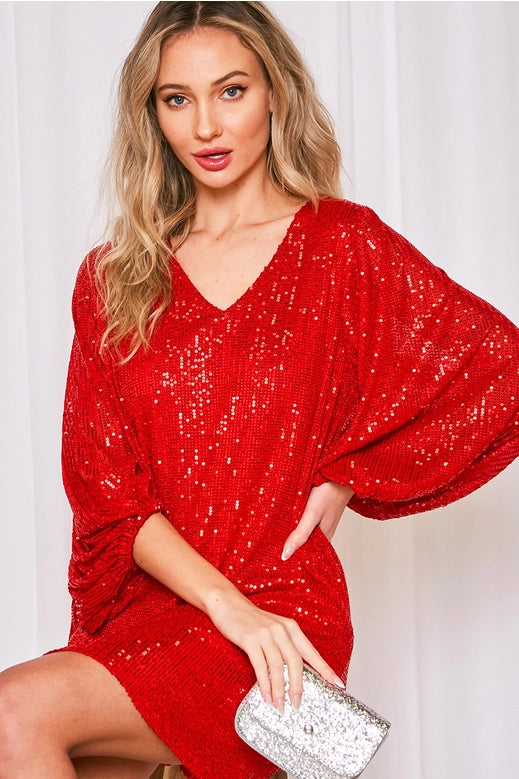 Dress NEW ARRIVAL Dressy - Red V-Neck Balloon Sleeves Sequin Detail Mini Dress - Sizes Small to Large