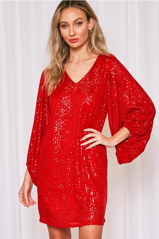 Dress NEW ARRIVAL Dressy - Red V-Neck Balloon Sleeves Sequin Detail Mini Dress - Sizes Small to Large