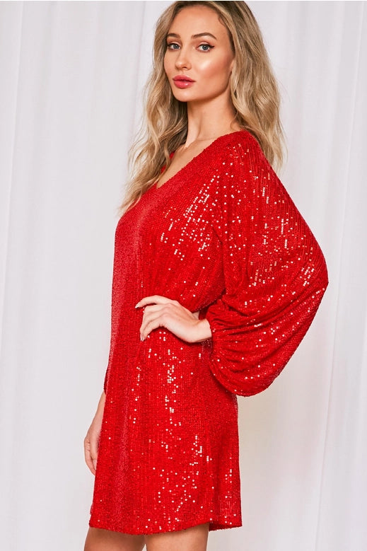 Dress NEW ARRIVAL Dressy - Red V-Neck Balloon Sleeves Sequin Detail Mini Dress - Sizes Small to Large