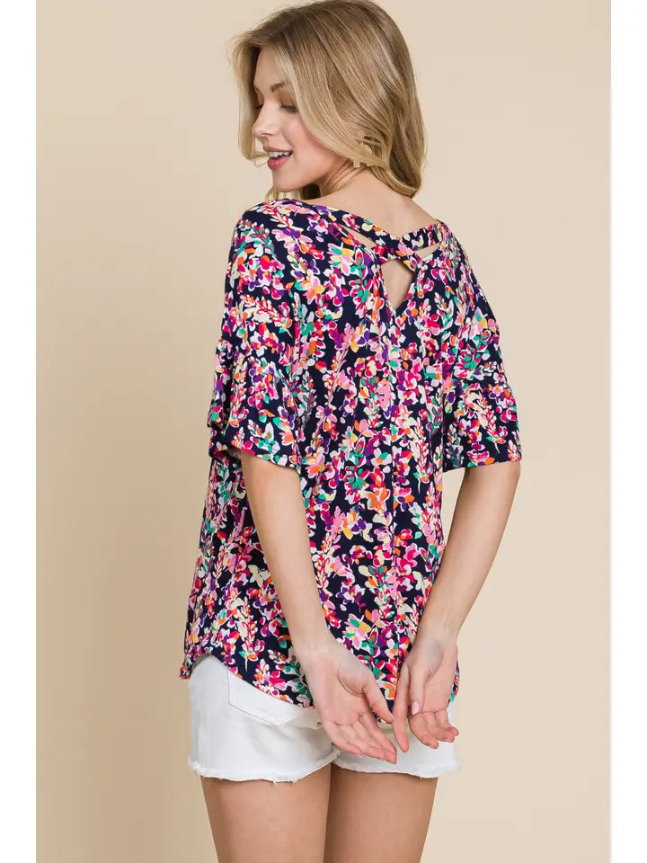Top NEW ARRIVAL - Multi Color Criss Cross Design Short Sleeve Ruffle Top