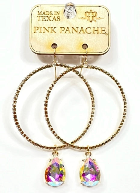 Jewelry Earrings - Pink Panache Rhinestone Gold Rimmed Circle Earrings With AB Crystal Dangling Charm