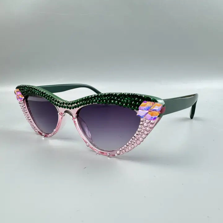 Sequin Sunglasses NEW ARRIVAL - Handmade Purple & Green Rhinestone Cat Eye Sunglasses