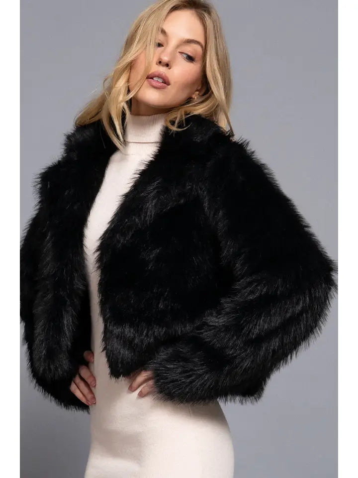 Black Long Sleeve Luxurious Faux Fur Cropped Jacket
