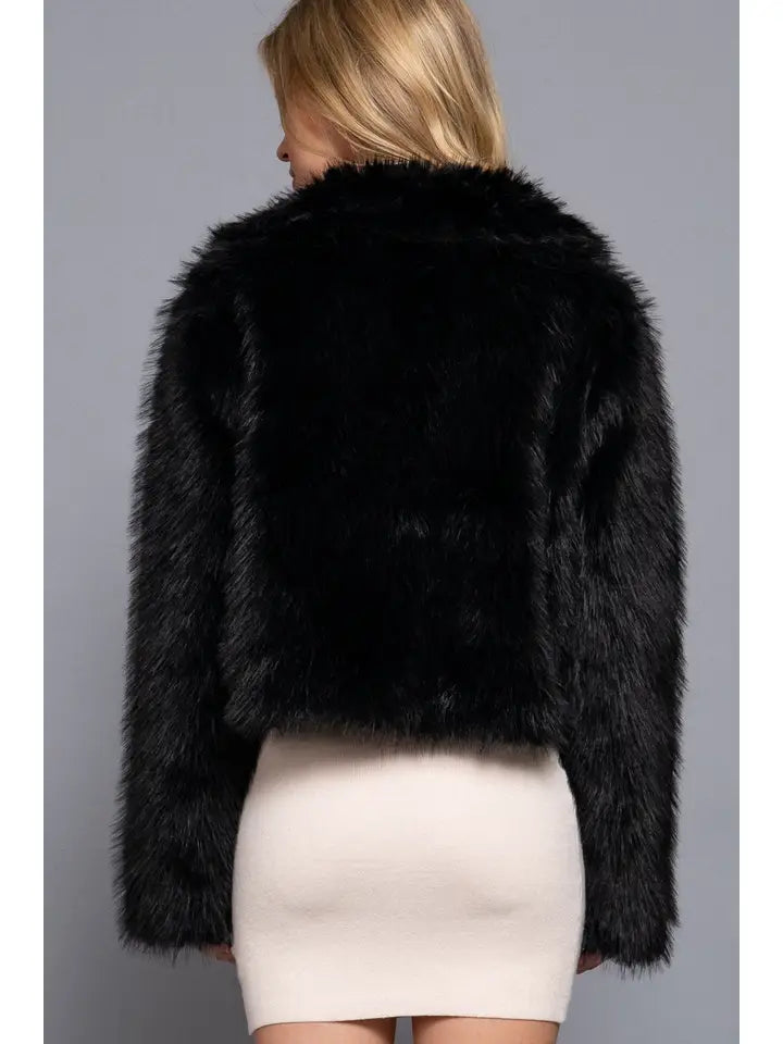 Black Long Sleeve Luxurious Faux Fur Cropped Jacket