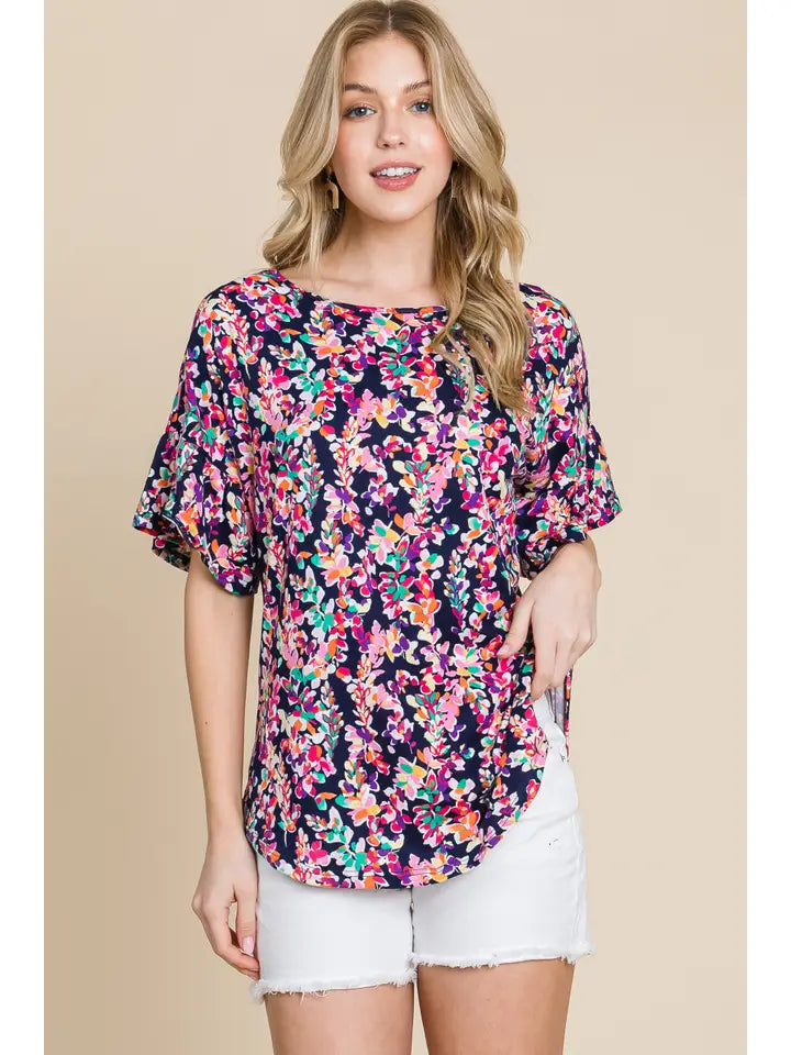 Top NEW ARRIVAL - Multi Color Criss Cross Design Short Sleeve Ruffle Top