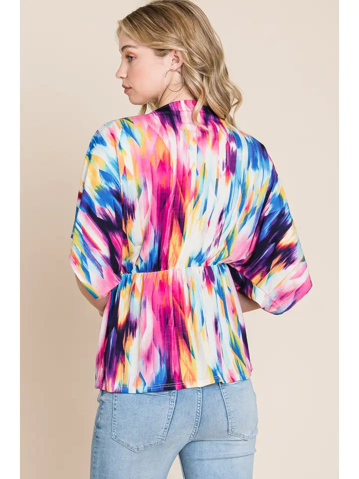 Top NEW ARRIVAL - Bright Watercolor Print Multi-Color Wrap Blouse