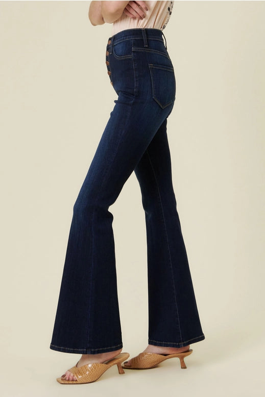 JEANS NEW ARRIVAL - Nora Button Front Stretchy Dark Denim Flare Jeans - Sizes 3-15