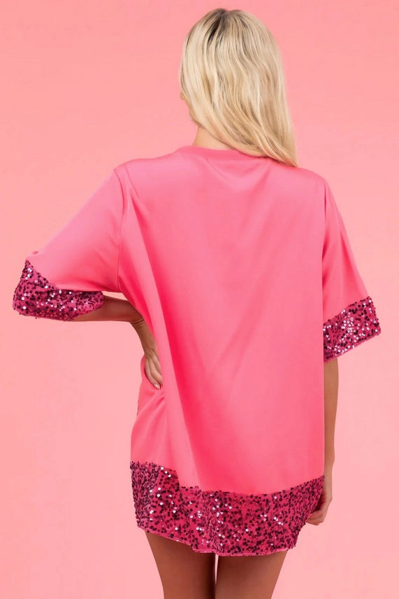 PLUS & REG SIZE VALENTINE'S DAY PINK HEART PRINT SEQUIN TRIM DRESS\TUNIC TOP | SMALL-2X | Charlotte's Classy Closet