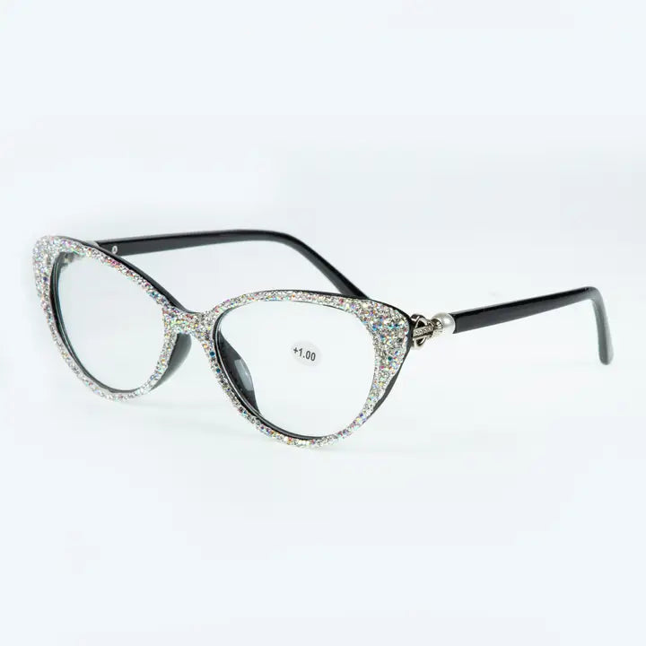 Sequin Readers Eyeglasses - Handmade AB Crystal Rhinestone Readers On a Black Frame