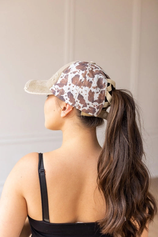 Baseball Cap NEW ARRIVAL - Distressed Light Brown and Brown Cow High Ponytail Hat