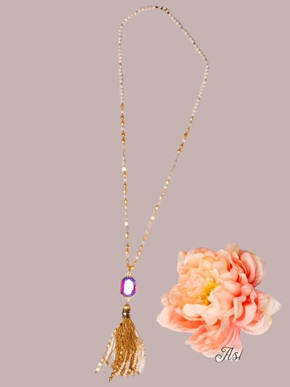 Jewelry Necklace - Ivory, Beige & Gold Crystal Necklace with Austrian Crystal Pendant