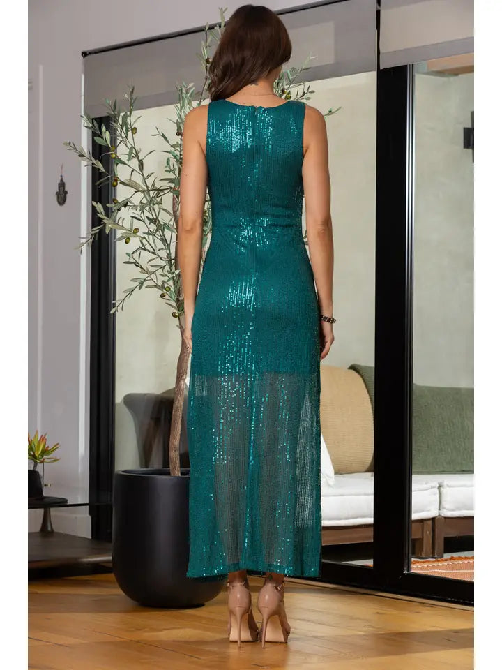 Dress NEW ARRIVAL Dressy - Gorgeous Dark Green Sequin V-Neck Sleeveless Side Slit Long Dress - Small - Large