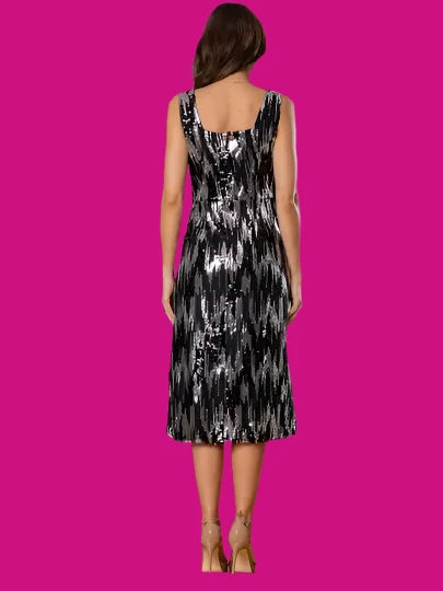 SALE - Sequin Black & Silver Midi Length Square Neckline Sleeveless Dress with Front Slit