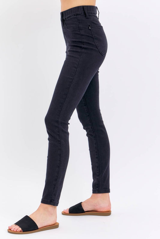 High Rise Judy Blue Black Pull On Elastic Waist Skinny Black Jeans | Charlotte’s Classy Closet