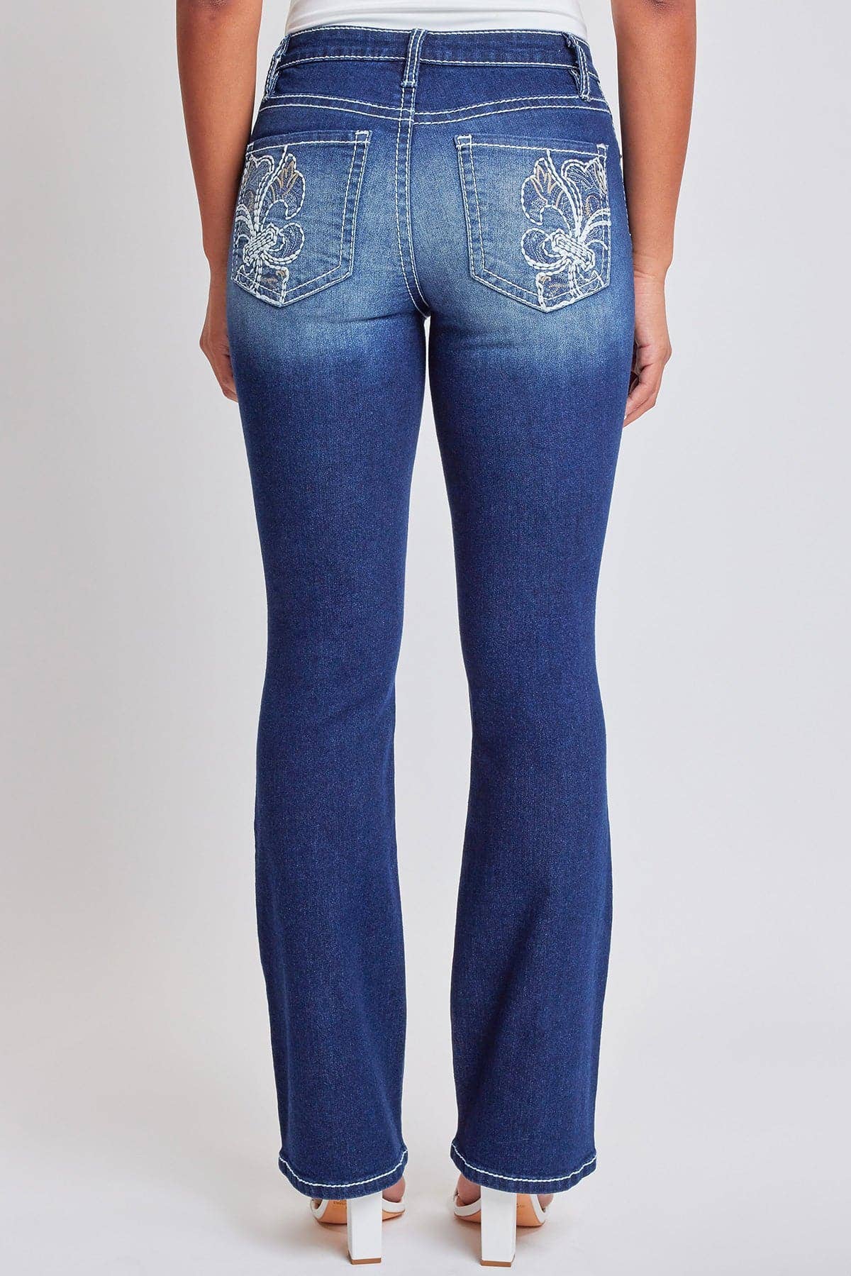 Mid Rise Faded Bootcut Dark Wash Denim Jeans - Embroidery Fleur De Lis Pockets
