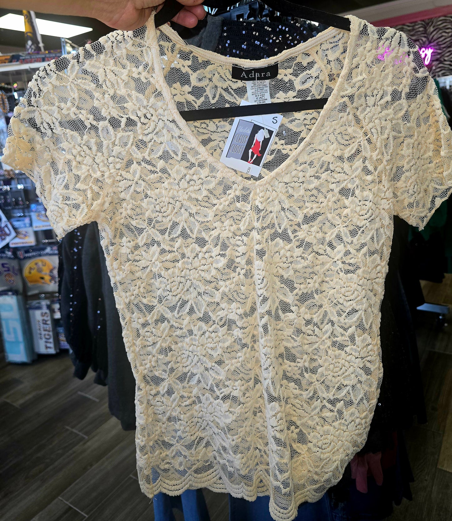 Top NEW ARRIVAL - Black or Ecru V-Neck Sheer Lace Top - Sizes Small to Large