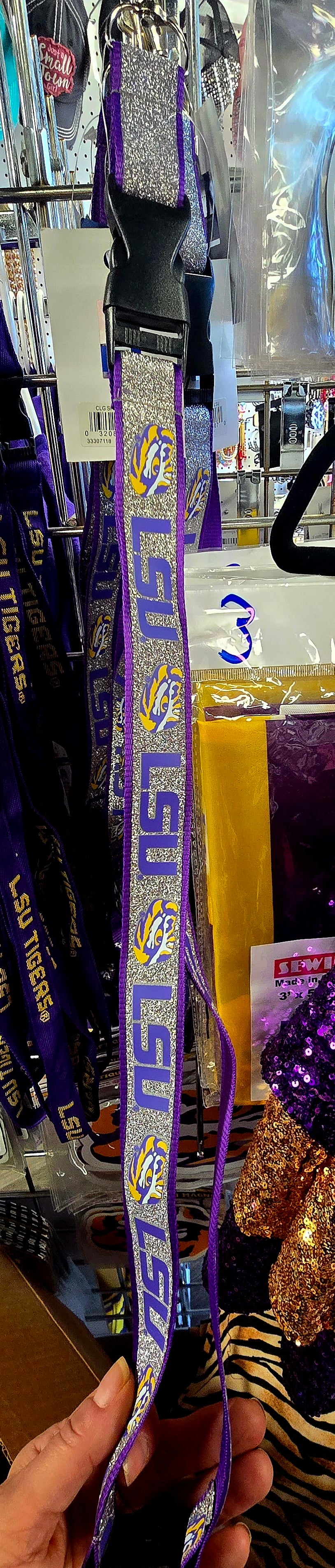 LSU TIGERS LANYARD WITH PURPLE & SILVER GLITTER STRAP
