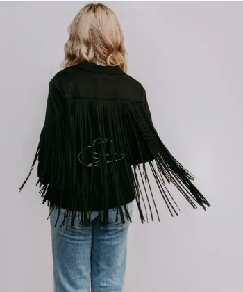 PLUS SIZE DELUXE BLACK FAUX SUEDE FRINGE JACKET WITH RHINESTONES ON BACK | 2X & 3X ONLY | Charlotte's Classy Closet