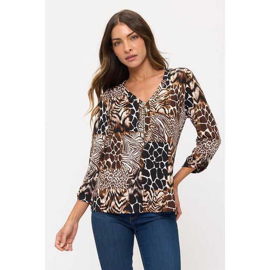 ANIMAL PRINT SQUARE ZIPPER 3/4 LENGTH TAB SHIRT