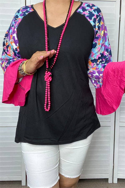 SOUTHERN STITCH BLACK V-NECK RAGLAN MULTI PRINT LONG SLEEVE WOMEN'S TOP | LARGE ONLY | Charlotte's Classy Closet