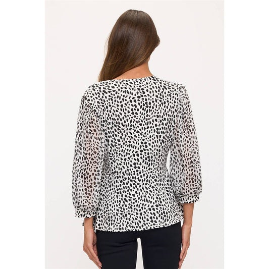 BLACK & WHITE ANIMAL PRINT V-NECK 3/4 LENGTH PUFF SLEEVE SELF TIE WRAP TOP