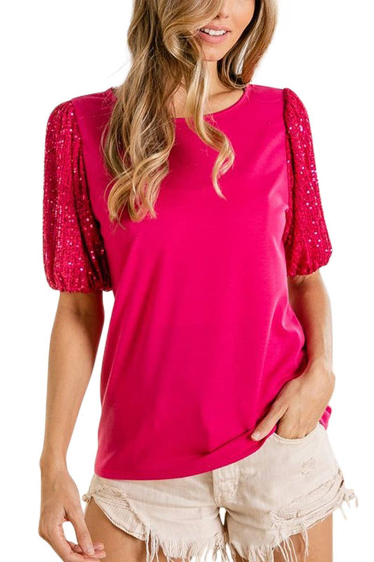 Christmas Holiday Fuchsia French Terry Knit Top with Matching Color Puff Sequin Sleeves | Charlotte's Classy Closet