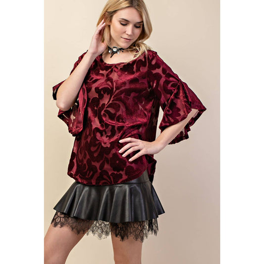 Vocal Velvety Ruffle Waterfall Sleeve Dressy Top - Stunning Print - Black - Sizes S-XL