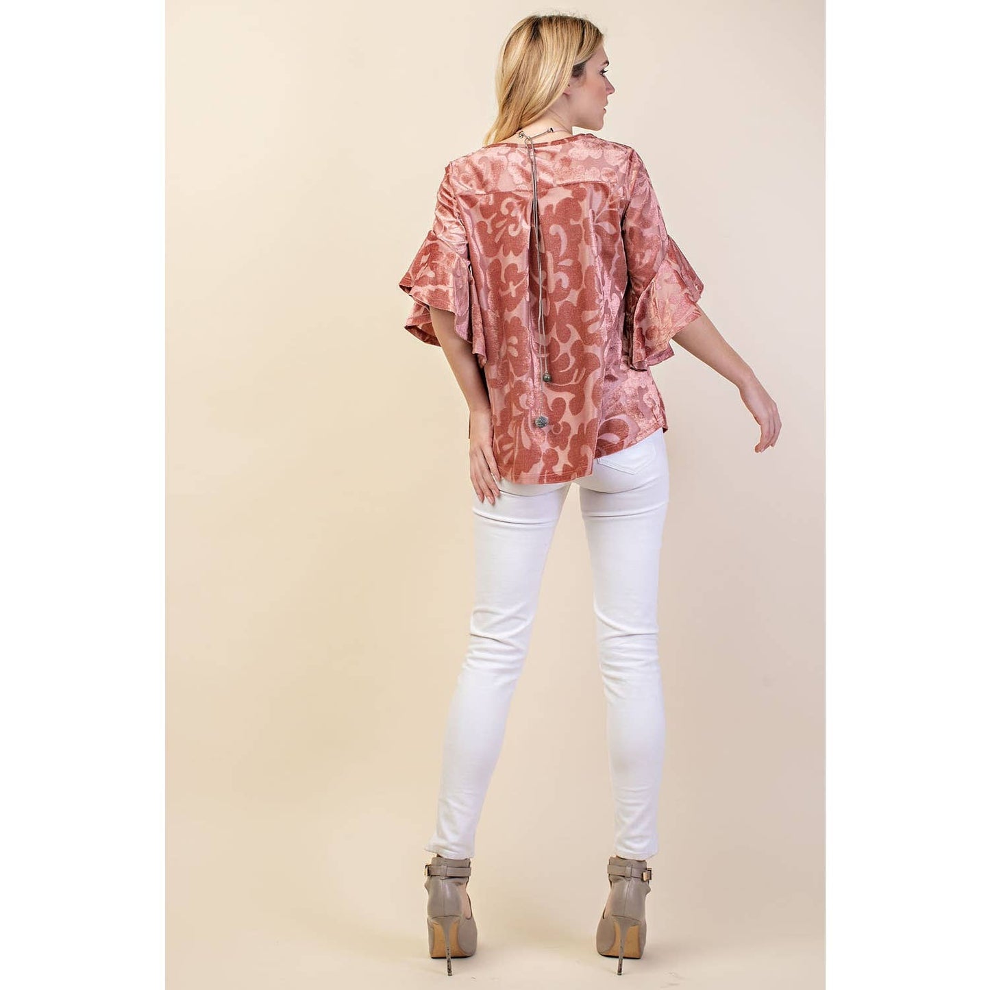 STUNNING PRINT 3/4 WATERFALL RUFFLE SLEEVE DRESSY TOP | Black or Mauve Color | Charlotte’s Classy Closet