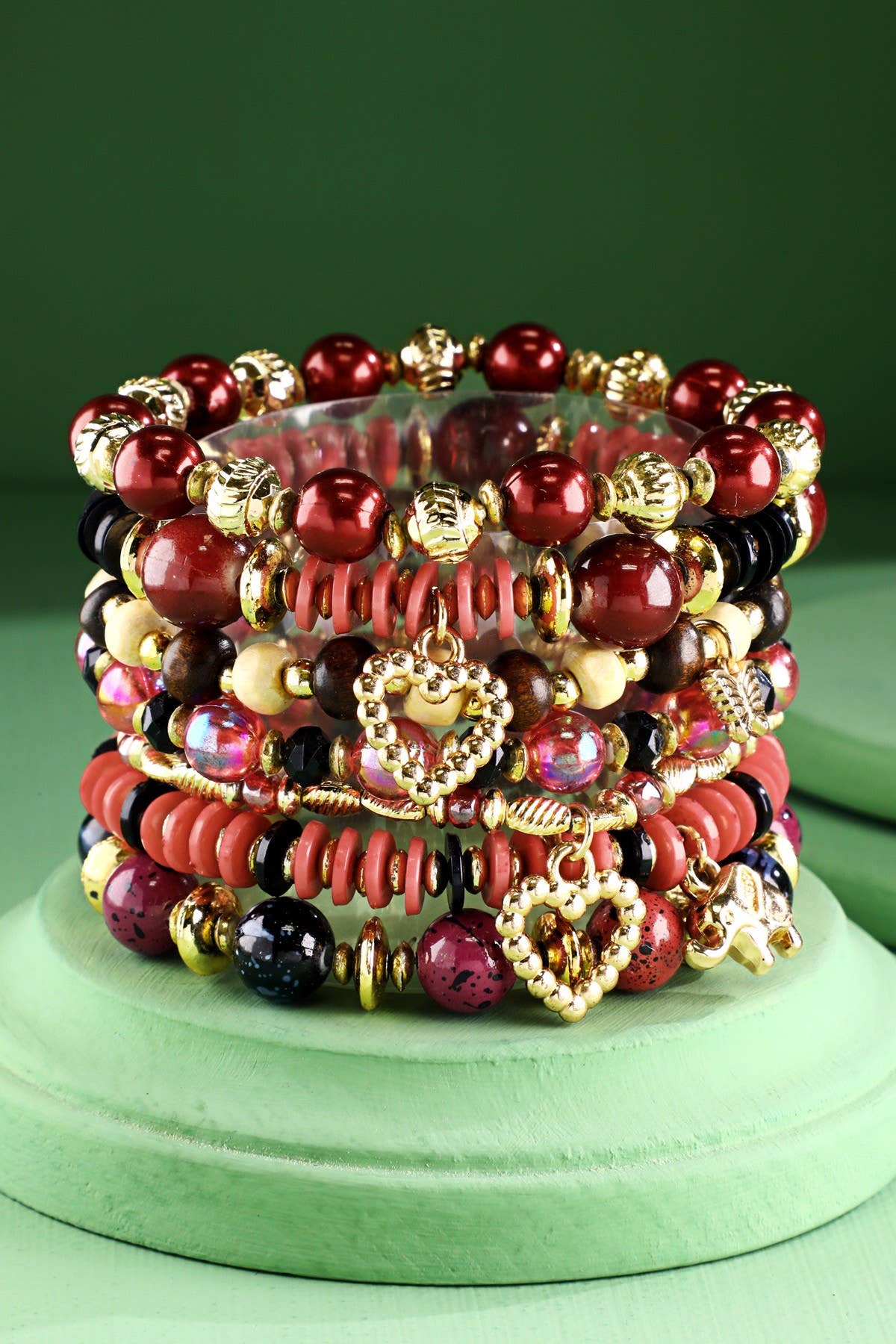 Red Multi Color 7 Layered Multi-Bead Stretch Bracelet with Charms