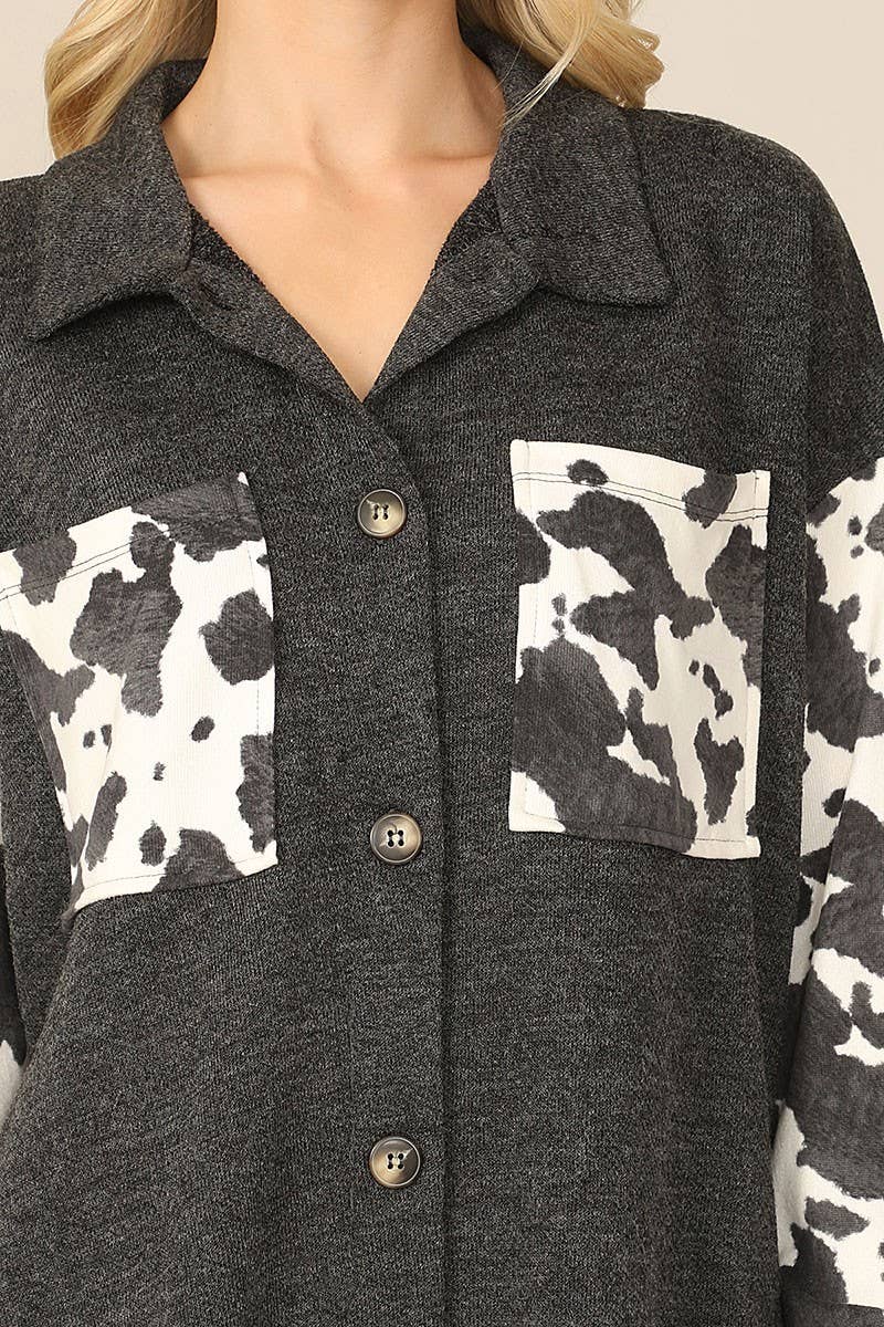 Cow Print Contrast Long Sleeve Front Pocket Shacket