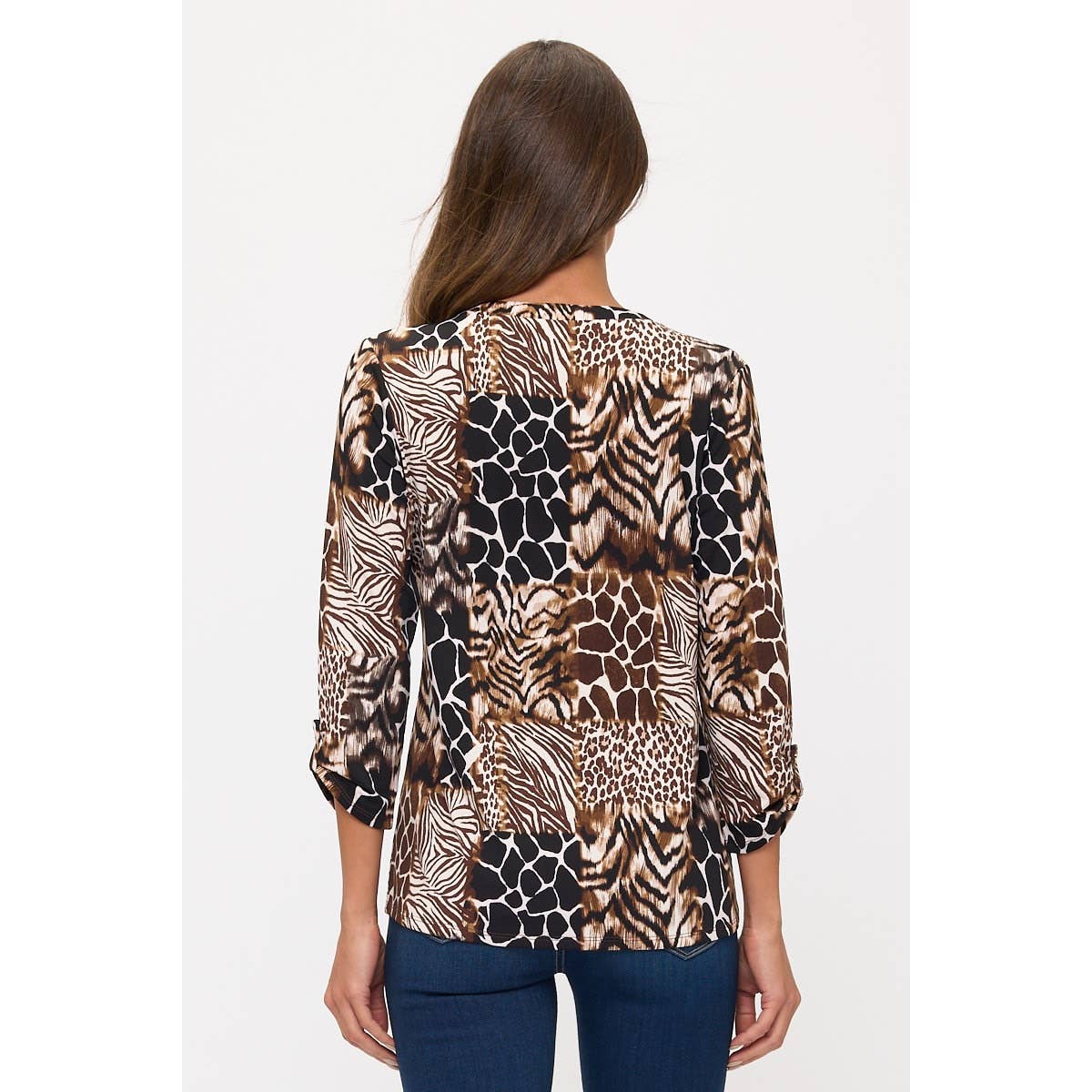 ANIMAL PRINT SQUARE ZIPPER 3/4 LENGTH TAB SHIRT