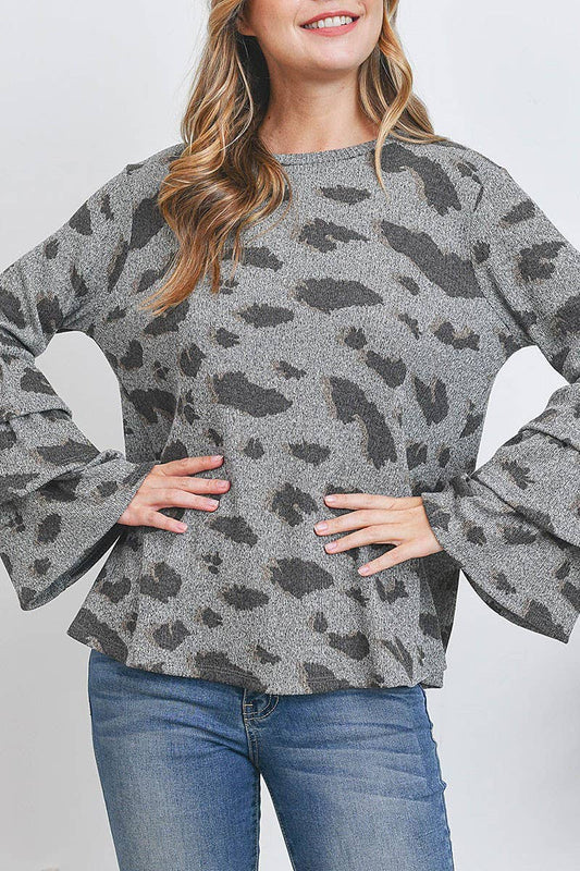 ANIMAL PRINT LIKE TOP WITH LAYERED RUFFLE LONG SLEEVES