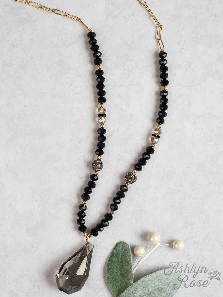 Jewelry Necklace - Black & Rhinestone Mixed with Gold Chain and Gray Crystal Teardrop Charm