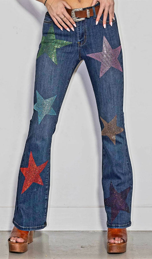 Multi Color Rhinestone Stars on Super Stretchy Bootcut Jeans - SIZE 5 ON LY