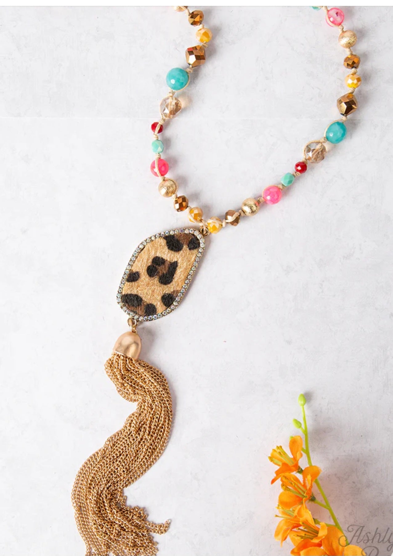 Jewelry Necklace - Gold Multi Colored Necklace With Large Animal Print Teardrop Crystal And Tassel