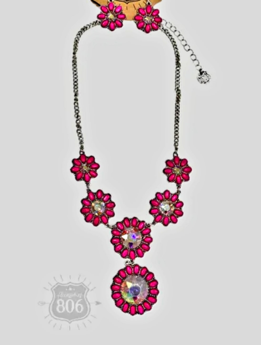 Jewelry Necklace & Earring Set - Sparkly Fuchsia Flower with Austrian AB Crystal Concho