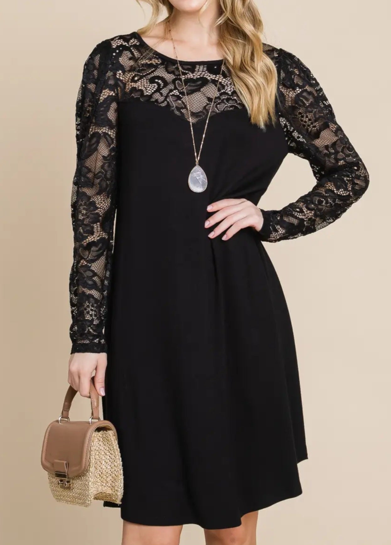 Dress NEW ARRIVAL - Black Dress with Beautiful Lace Across Neckline and Long Sleeves - Sizes Small to Large