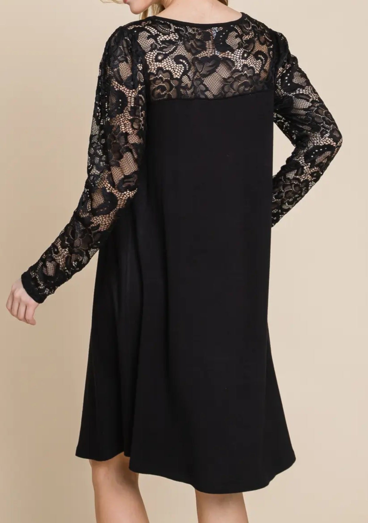Dress Plus Size NEW ARRIVAL - Black Dress with Beautiful Lace Across Neckline and Long Sleeves - Sizes 1X to 3X