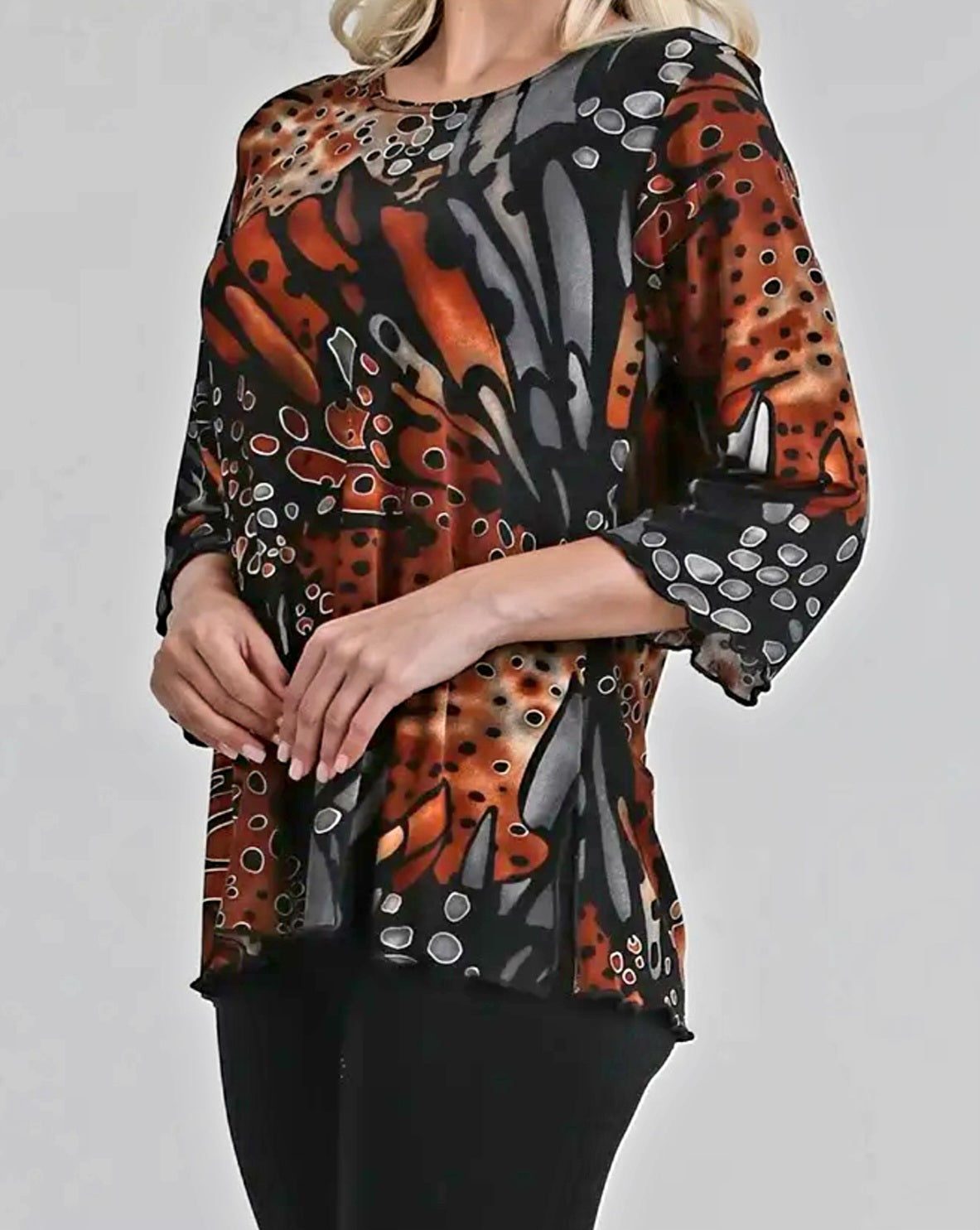 A Clearance Sales Item - Top with 3/4 Flare Sleeve Gorgeous Brown Multi Color