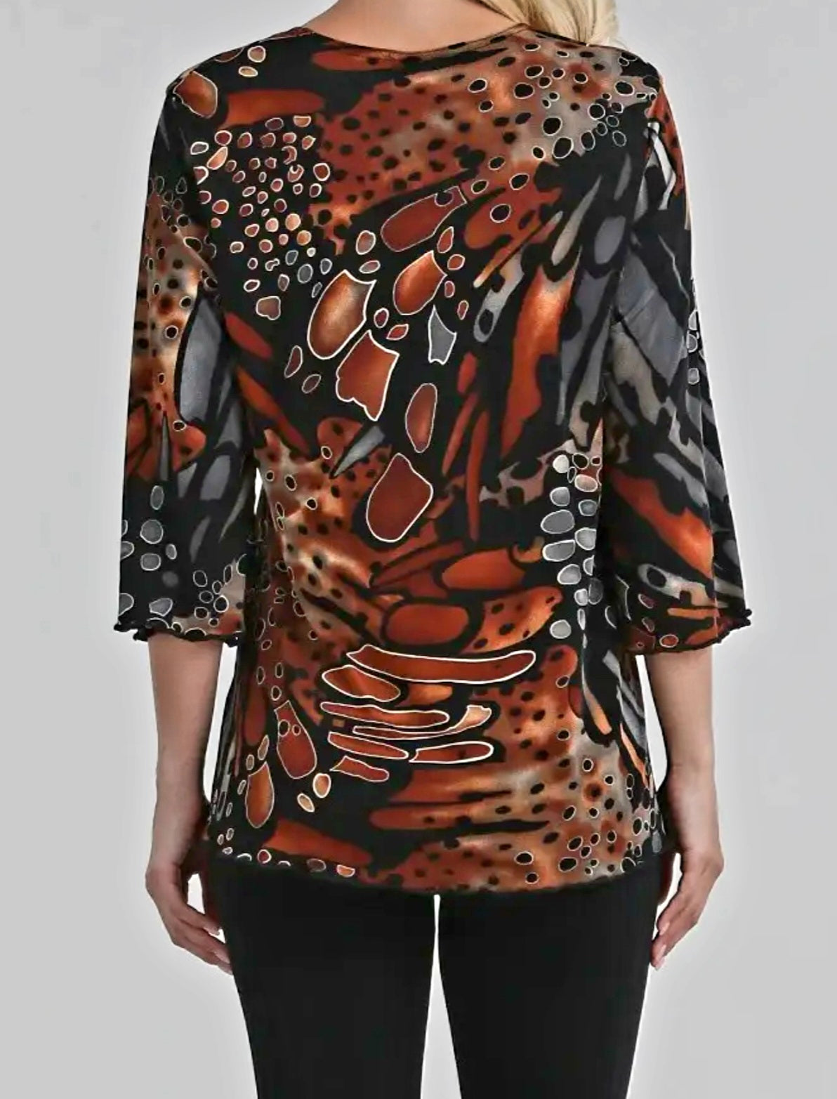 A Clearance Sales Item - Top with 3/4 Flare Sleeve Gorgeous Brown Multi Color