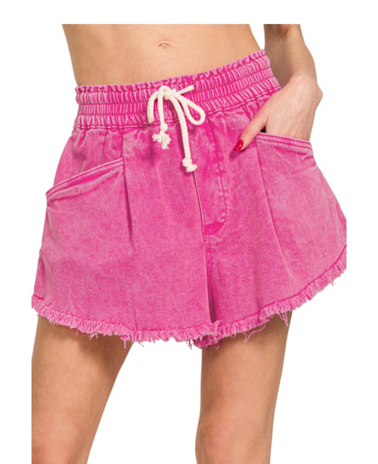ACID WASHED DRAWSTRING ELASTIC WAIST ACID WASHED FRAYED HEM SHORTS | Kelly Green, Fuchsia, or White