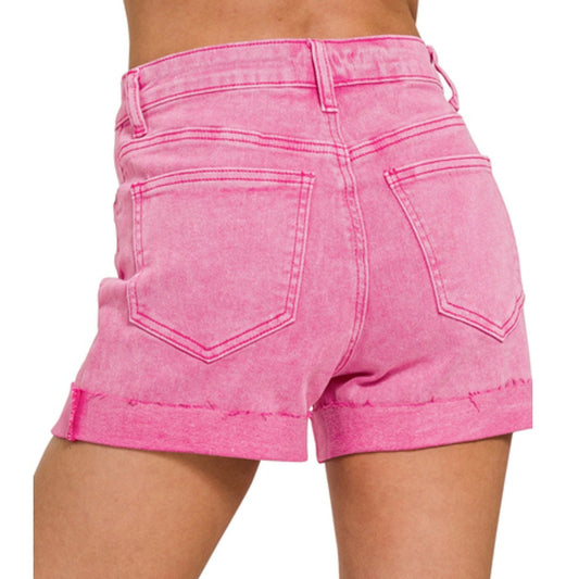 ADORABLE ZENANA CUFFABLE DISRESSED HEM DENIM SHORTS | ACID WASHED HOT PINK | Charlotte's Classy Closet