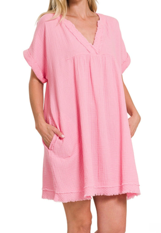 SALE - Zenana Double Gauze Raw Edge V-Neck Dress